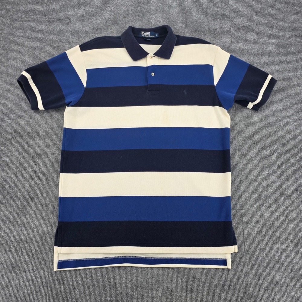 Polo Ralph Lauren Mens Large Blue Striped Waffle Knit Short Sleeve Polo Shirt